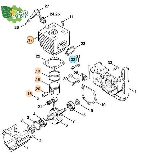 Циліндр в в зборі з поршнем оприскувача STIHL SR 420 , діам. 46 мм 42030201201 фото