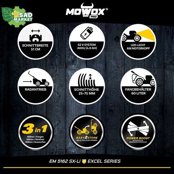 Газонокосилка аккумуляторная Mowox EM 5162 SX-Li (с аккумулятором и зарядным устройством) 10000191 фото