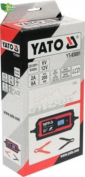 Сетевое зарядное устройство с LCD дисплеем 230В YATO YT-83001, 6V-2А 12V-8А, макс. 200 Ач YT-83001 фото