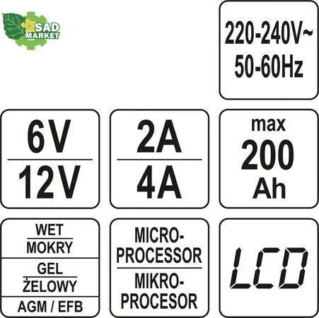 Сетевое зарядное устройство с LCD дисплеем 230В YATO YT-83001, 6V-2А 12V-8А, макс. 200 Ач YT-83001 фото